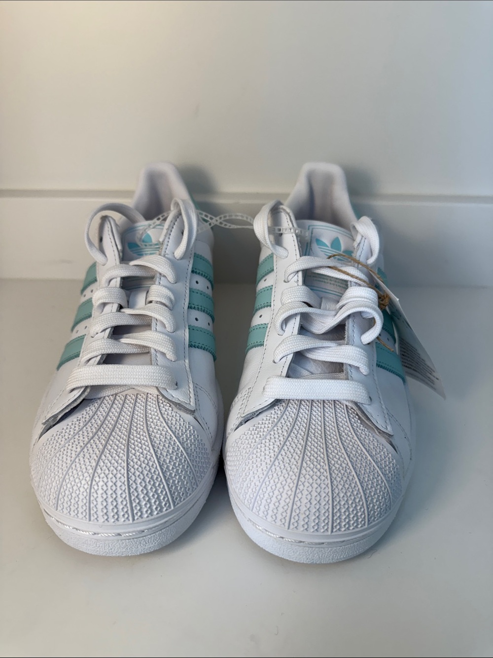 NWT - adidas White Superstar Women’s Sneakers with Teal Stripes - Size 8.5